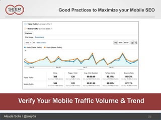 Good Practices to Maximize your Mobile SEO




         Verify Your Mobile Traffic Volume & Trend

Aleyda Solis / @aleyda                                          22
 