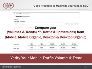 Good Practices to Maximize your Mobile SEO




                      Compare your
    (Volumes & Trends) of (Traffic & Conversions) from
   (Mobile, Mobile Organic, Desktop & Desktop Organic)




         Verify Your Mobile Traffic Volume & Trend

Aleyda Solis / @aleyda                                          23
 