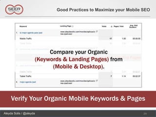 Good Practices to Maximize your Mobile SEO




                          Compare your Organic
                     (Keywords & Landing Pages) from
                           (Mobile & Desktop).




     Verify Your Organic Mobile Keywords & Pages
Aleyda Solis / @aleyda                                             29
 