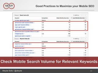 Good Practices to Maximize your Mobile SEO




Check Mobile Search Volume for Relevant Keywords
Aleyda Solis / @aleyda                                          68
 