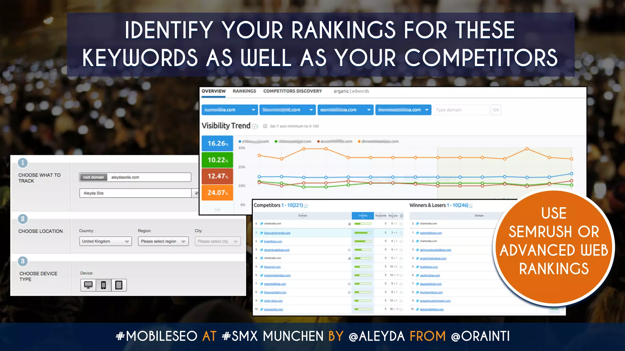 #MOBILESEO AT #SMX MUNCHEN BY @ALEYDA FROM @ORAINTI
IDENTIFY YOUR RANKINGS FOR THESE
KEYWORDS AS WELL AS YOUR COMPETITORS
USE
SEMRUSH OR
ADVANCED WEB
RANKINGS
 