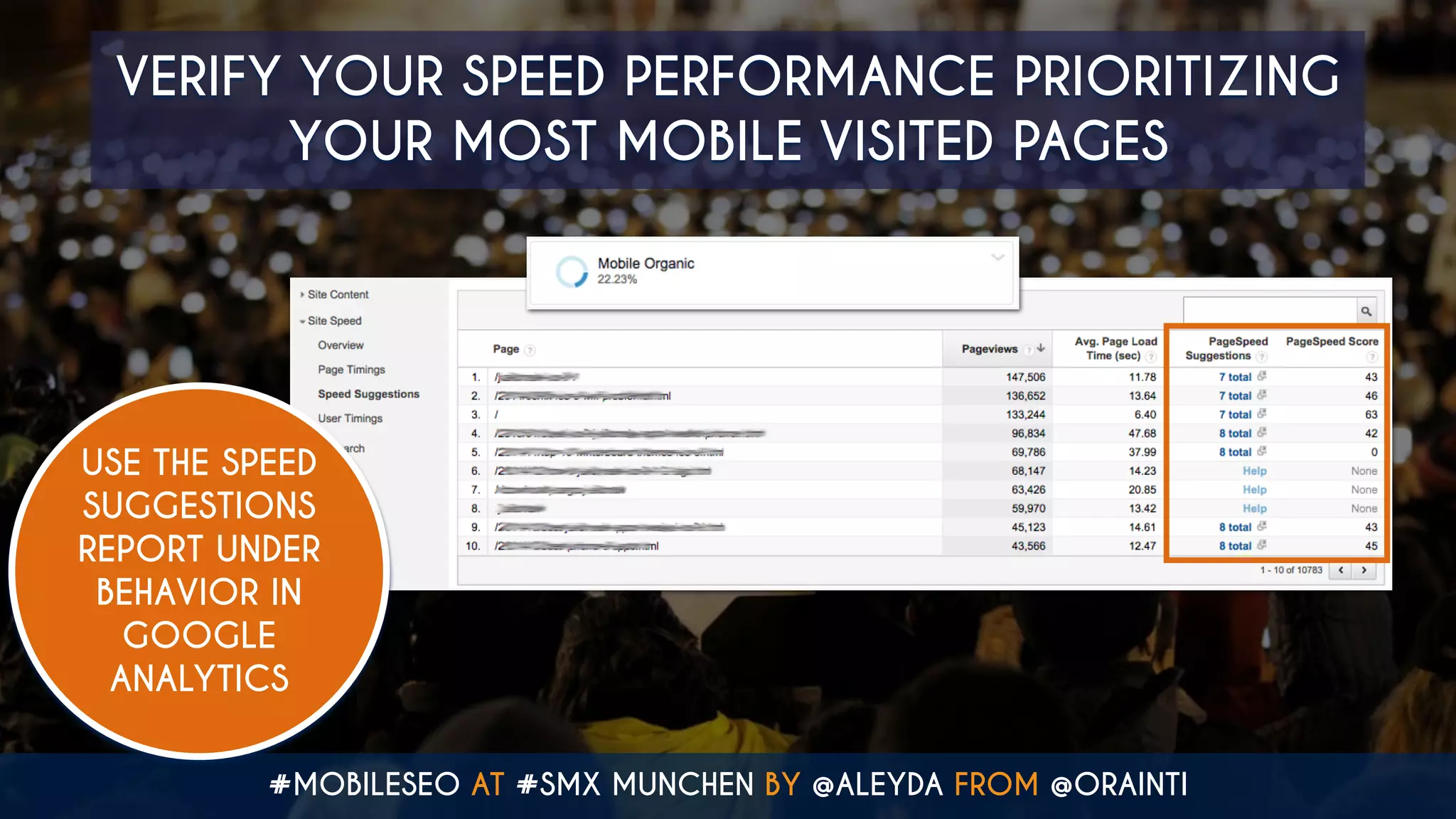 #MOBILESEO AT #SMX MUNCHEN BY @ALEYDA FROM @ORAINTI
VERIFY YOUR SPEED PERFORMANCE PRIORITIZING
YOUR MOST MOBILE VISITED PAGES
USE THE SPEED
SUGGESTIONS
REPORT UNDER
BEHAVIOR IN
GOOGLE
ANALYTICS
 