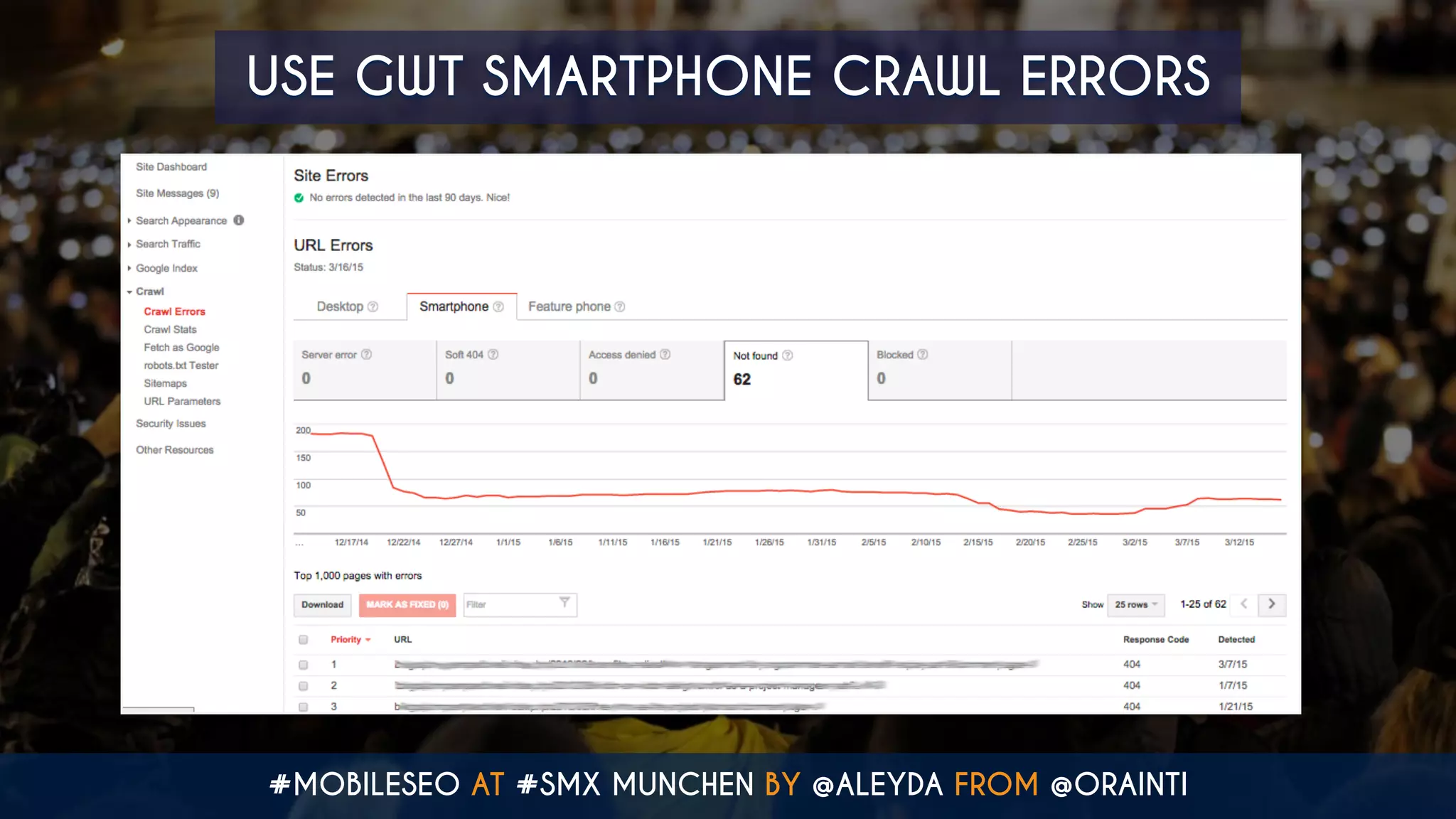 #MOBILESEO AT #SMX MUNCHEN BY @ALEYDA FROM @ORAINTI
USE GWT SMARTPHONE CRAWL ERRORS
 