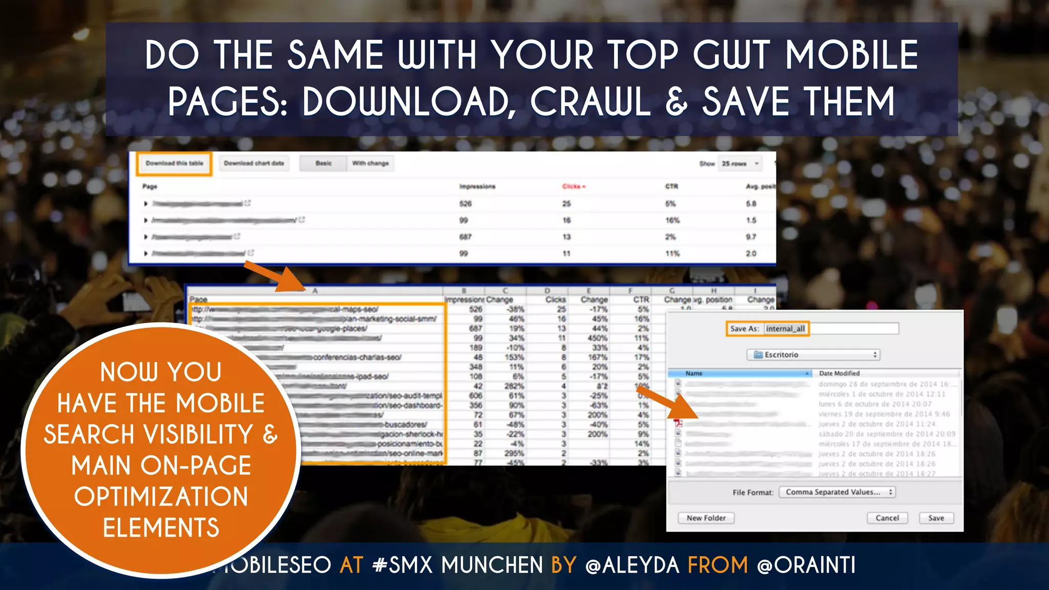 #MOBILESEO AT #SMX MUNCHEN BY @ALEYDA FROM @ORAINTI
DO THE SAME WITH YOUR TOP GWT MOBILE
PAGES: DOWNLOAD, CRAWL & SAVE THEM
NOW YOU
HAVE THE MOBILE
SEARCH VISIBILITY &
MAIN ON-PAGE
OPTIMIZATION
ELEMENTS
 