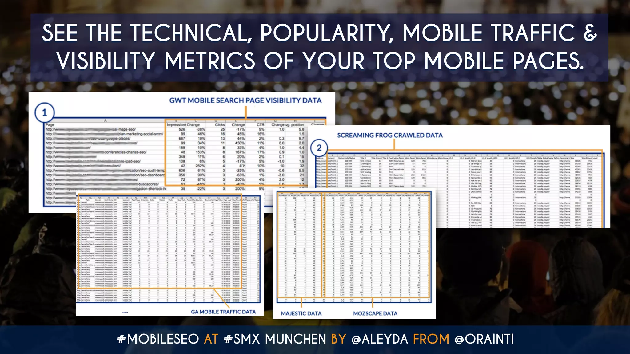 #MOBILESEO AT #SMX MUNCHEN BY @ALEYDA FROM @ORAINTI
SEE THE TECHNICAL, POPULARITY, MOBILE TRAFFIC &
VISIBILITY METRICS OF YOUR TOP MOBILE PAGES.
 