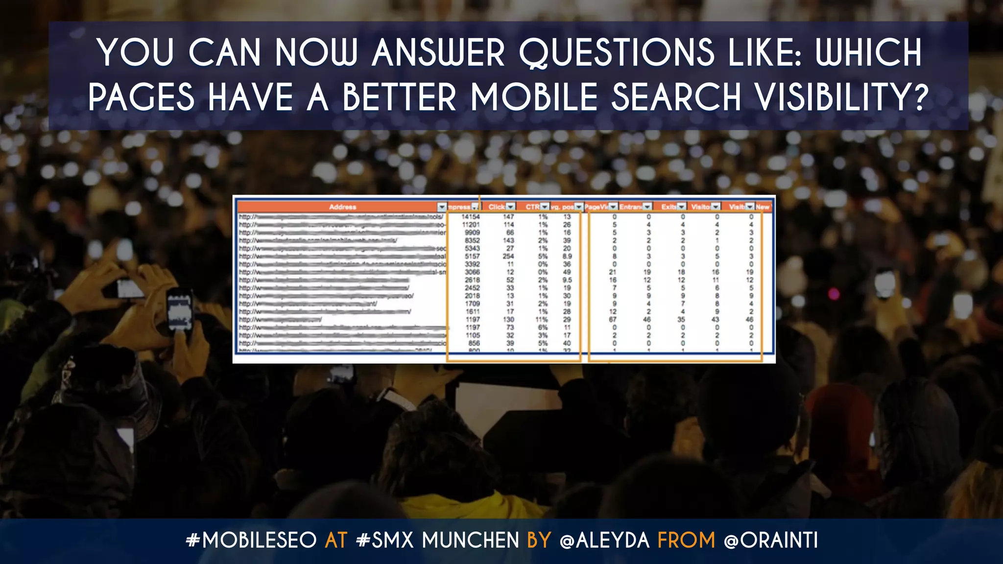 #MOBILESEO AT #SMX MUNCHEN BY @ALEYDA FROM @ORAINTI
YOU CAN NOW ANSWER QUESTIONS LIKE: WHICH
PAGES HAVE A BETTER MOBILE SEARCH VISIBILITY?
 