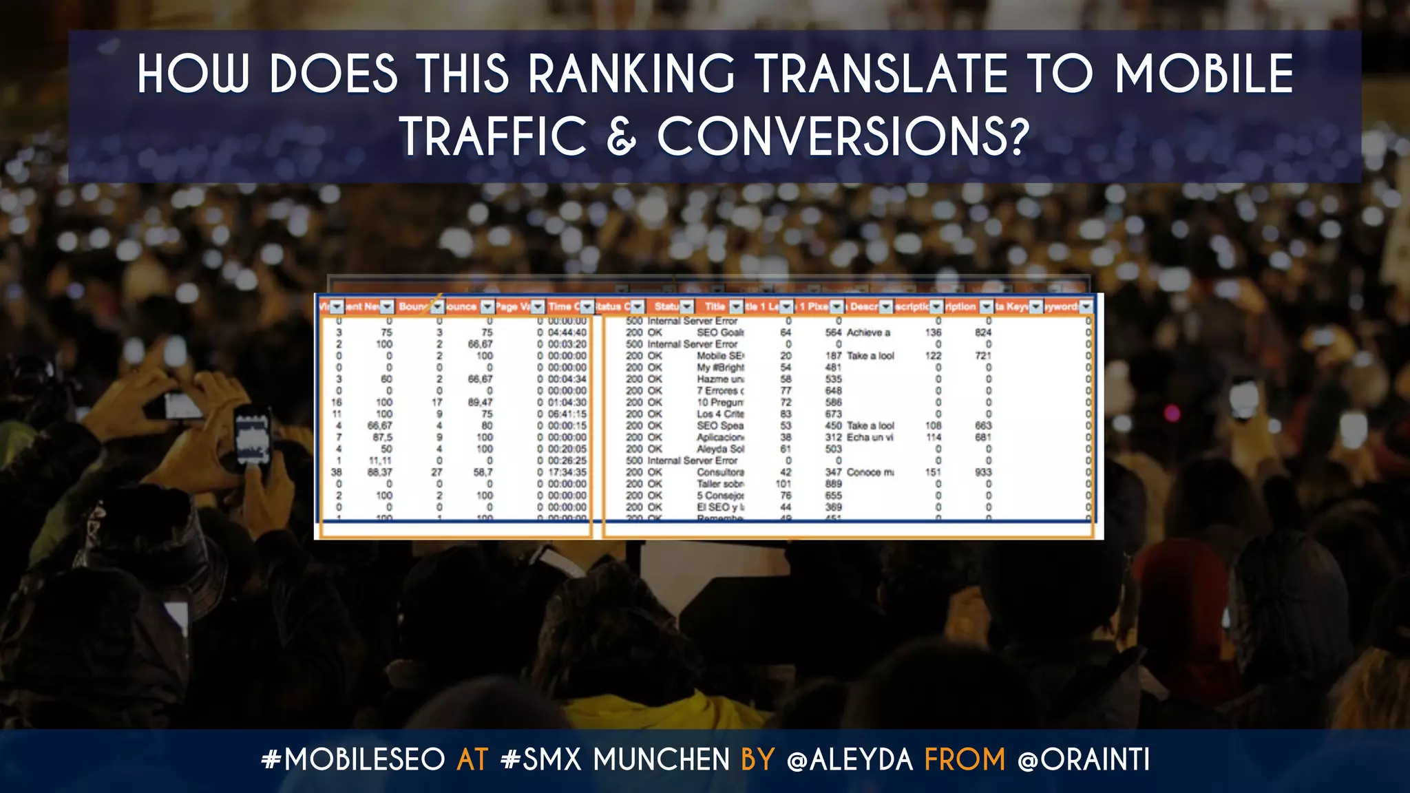 #MOBILESEO AT #SMX MUNCHEN BY @ALEYDA FROM @ORAINTI
HOW DOES THIS RANKING TRANSLATE TO MOBILE
TRAFFIC & CONVERSIONS?
 