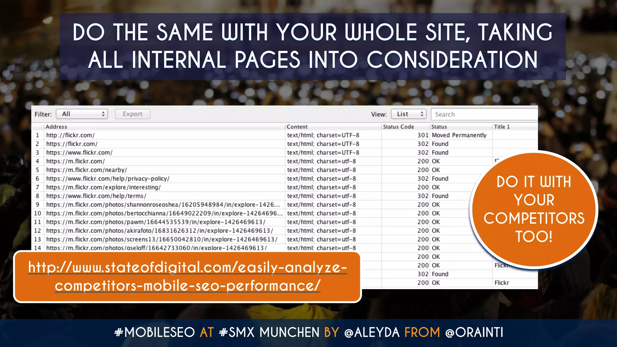#MOBILESEO AT #SMX MUNCHEN BY @ALEYDA FROM @ORAINTI
DO THE SAME WITH YOUR WHOLE SITE, TAKING  
ALL INTERNAL PAGES INTO CONSIDERATION
DO IT WITH
YOUR
COMPETITORS
TOO!
http://www.stateofdigital.com/easily-analyze-
competitors-mobile-seo-performance/
 