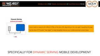 MOBILE SEO FOR TRAVEL BUSINESSES BY ALEYDA SOLIS FROM




            * Server needs to respond with different HTML on the same URL depending on the user agent requesting the page.

            * Use the Vary HTTP header “User Agent” to help Googlebot discover your mobile-optimized content faster.




SPECIFICALLY FOR DYNAMIC SERVING MOBILE DEVELOPMENT
 