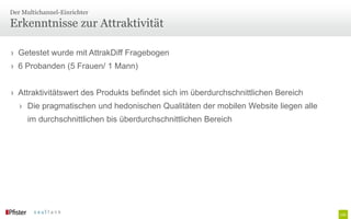Der Multichannel-Einrichter

Erkenntnisse zur Attraktivität

› Getestet wurde mit AttrakDiff Fragebogen
› 6 Probanden (5 Frauen/ 1 Mann)


› Attraktivitätswert des Produkts befindet sich im überdurchschnittlichen Bereich
   › Die pragmatischen und hedonischen Qualitäten der mobilen Website liegen alle
      im durchschnittlichen bis überdurchschnittlichen Bereich
 