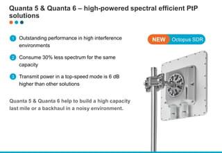 Outstanding performance in high interference
environments
Consume 30% less spectrum for the same
capacity
Transmit power in a top-speed mode is 6 dB
higher than other solutions
Quanta 5 & Quanta 6 help to build a high capacity
last mile or a backhaul in a noisy environment.
Quanta 5 & Quanta 6 – high-powered spectral efficient PtP
solutions
Octopus SDR
NEW
1
2
3
 