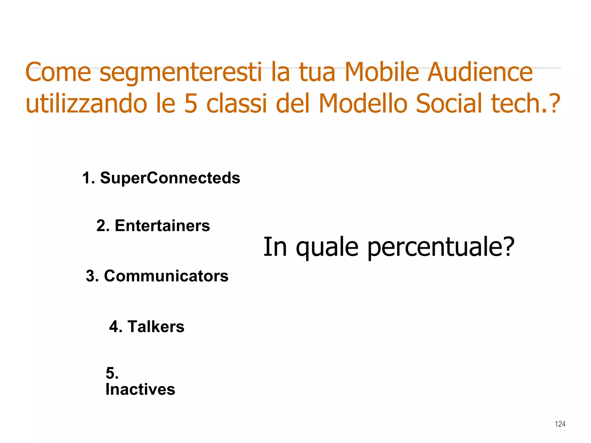 Come segmenteresti la tua Mobile Audience utilizzando le 5 classi del Modello Social tech.? 1. SuperConnecteds   3. Communicators   2. Entertainers   5. Inactives   4. Talkers   In quale percentuale? 