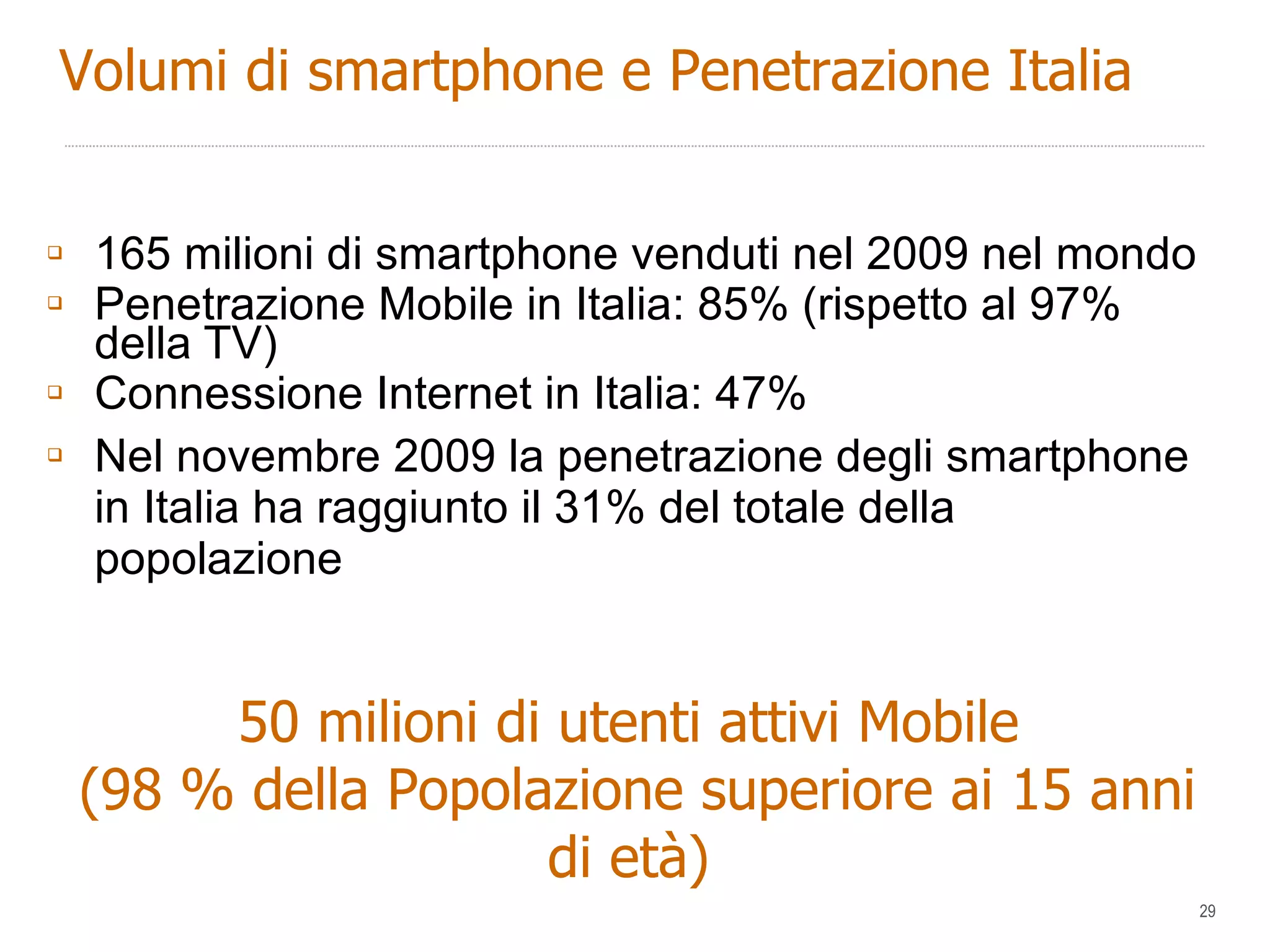 165 milioni di smartphone venduti nel 2009 nel mondo Penetrazione Mobile in Italia: 85% (rispetto al 97% della TV) Connessione Internet in Italia: 47% Nel novembre 2009 la penetrazione degli smartphone in Italia ha raggiunto il 31% del totale della popolazione 50 milioni di utenti attivi Mobile (98 % della Popolazione superiore ai 15 anni di età) Volumi di smartphone e Penetrazione Italia 