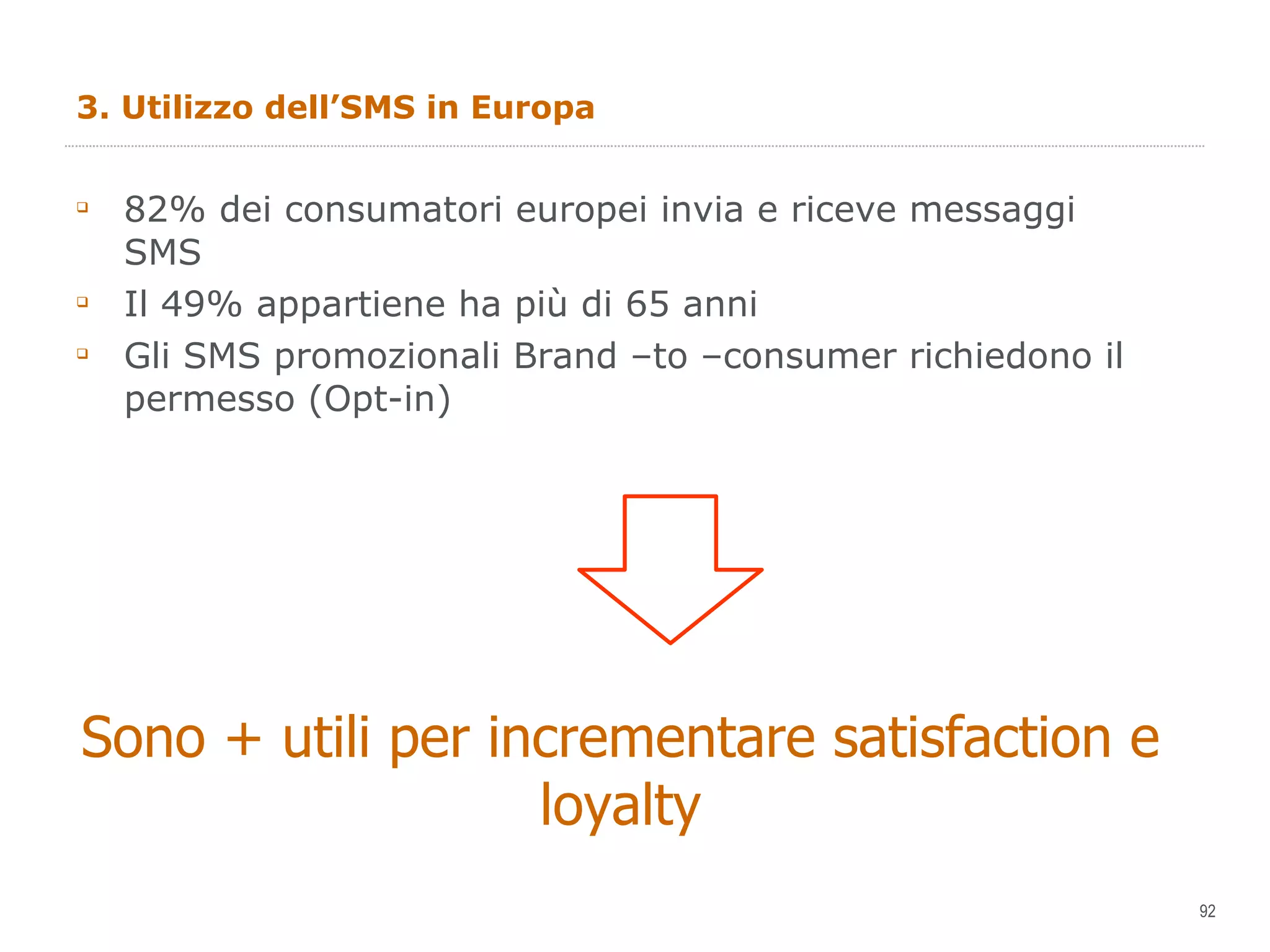 3. Utilizzo dell’SMS in Europa 82% dei consumatori europei invia e riceve messaggi SMS Il 49% appartiene ha più di 65 anni Gli SMS promozionali Brand –to –consumer richiedono il permesso (Opt-in) Sono + utili per incrementare satisfaction e loyalty 