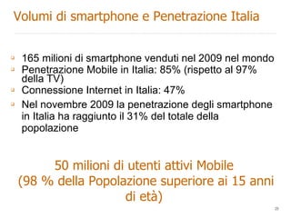 165 milioni di smartphone venduti nel 2009 nel mondo Penetrazione Mobile in Italia: 85% (rispetto al 97% della TV) Connessione Internet in Italia: 47% Nel novembre 2009 la penetrazione degli smartphone in Italia ha raggiunto il 31% del totale della popolazione 50 milioni di utenti attivi Mobile (98 % della Popolazione superiore ai 15 anni di età) Volumi di smartphone e Penetrazione Italia 