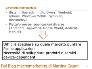 Un’offerta frammentata Sistemi Operativi molto diversi (Android, Iphone, Windows Mobile, Symbian, Blackberry) Piattaforme per applicazioni diverse (AppStore, AppWord, Mobile World, Android Market) Difficile scegliere su quale mercato puntare Per le applicazioni Necessità di sviluppare prodotti e servizi  device-dependent Dal Blog machemarketing di Martina Casani  