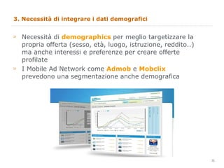 3. Necessità di integrare i dati demografici  Necessità di  demographics  per meglio targetizzare la propria offerta (sesso, età, luogo, istruzione, reddito..) ma anche interessi e preferenze per creare offerte profilate I Mobile Ad Network come  Admob  e  Mobclix  prevedono una segmentazione anche demografica 