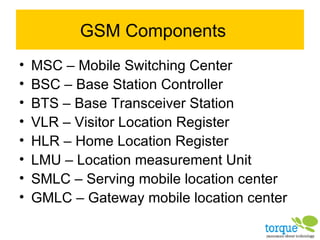 GSM Components MSC – Mobile Switching Center BSC – Base Station Controller BTS – Base Transceiver Station VLR – Visitor Location Register HLR – Home Location Register LMU – Location measurement Unit SMLC – Serving mobile location center GMLC – Gateway mobile location center 