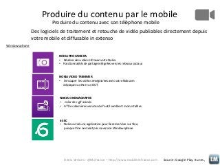 Produire du contenu par le mobile
Produire du contenu avec son téléphone mobile
Des logiciels de traitement et retouche de vidéo publiables directement depuis
votre mobile et diffusable in extenso
Windowsphone
NOKIA PRO CAMERA
• Réaliser des vidéos HD avec votre Nokia
• Fonctionnalités de partage intégrées vers les réseaux sociaux

NOKIA VIDEO TRIIMMER
• Découper les vidéos enregistrées avec votre Nokia en
déplaçant un IN et un OUT

NOKIA CINEMAGRAPHE
• créer des .gif animés
• ATT les dernières versions de l’outil semblent moins stables

6 SEC
• Nokia a créé une application pour faire des Vine sur Vine,
puisque Vine ne créait pas sa version Windowsphone

Denis Verloes - @Mofrance – http://www.mobileenfrance.com

Source: Google Play, Itunes,

 