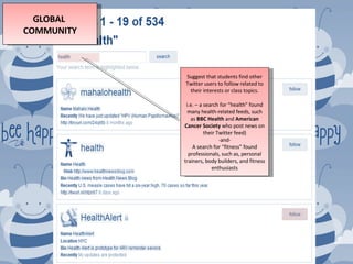 GLOBAL  COMMUNITY Suggest that students find other Twitter users to follow related to their interests or class topics. i.e. – a search for “health” found many health-related feeds, such as  BBC Health  and  American Cancer Society  who post news on their Twitter feed) -and- A search for “fitness” found professionals, such as, personal trainers, body builders, and fitness enthusiasts 