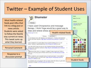Twitter – Example of Student Uses Health-related feeds Most health-related feeds post URLs that link to a blog post or news article. Students were asked to follow the feed & stay current on news. This tweet sums up what they learned. Response to a discussion prompt Personal Comment Student feeds 