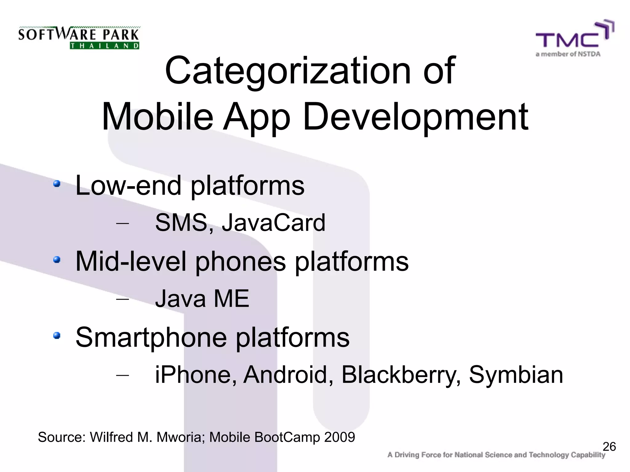 Categorization of
         Mobile App Development
     Low-end platforms
           –     SMS, JavaCard
     Mid-level phones platforms
           –     Java ME
     Smartphone platforms
           –     iPhone, Android, Blackberry, Symbian

Source: Wilfred M. Mworia; Mobile BootCamp 2009
                                                        26
 