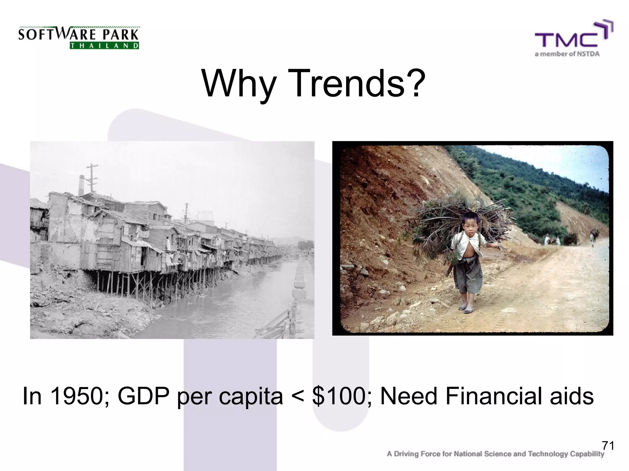 Why Trends?




In 1950; GDP per capita < $100; Need Financial aids
                                                      71
 