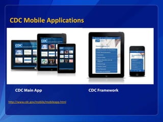 CDC Mobile Applications
CDC Main App CDC Framework
http://www.cdc.gov/mobile/mobileapp.html
 
