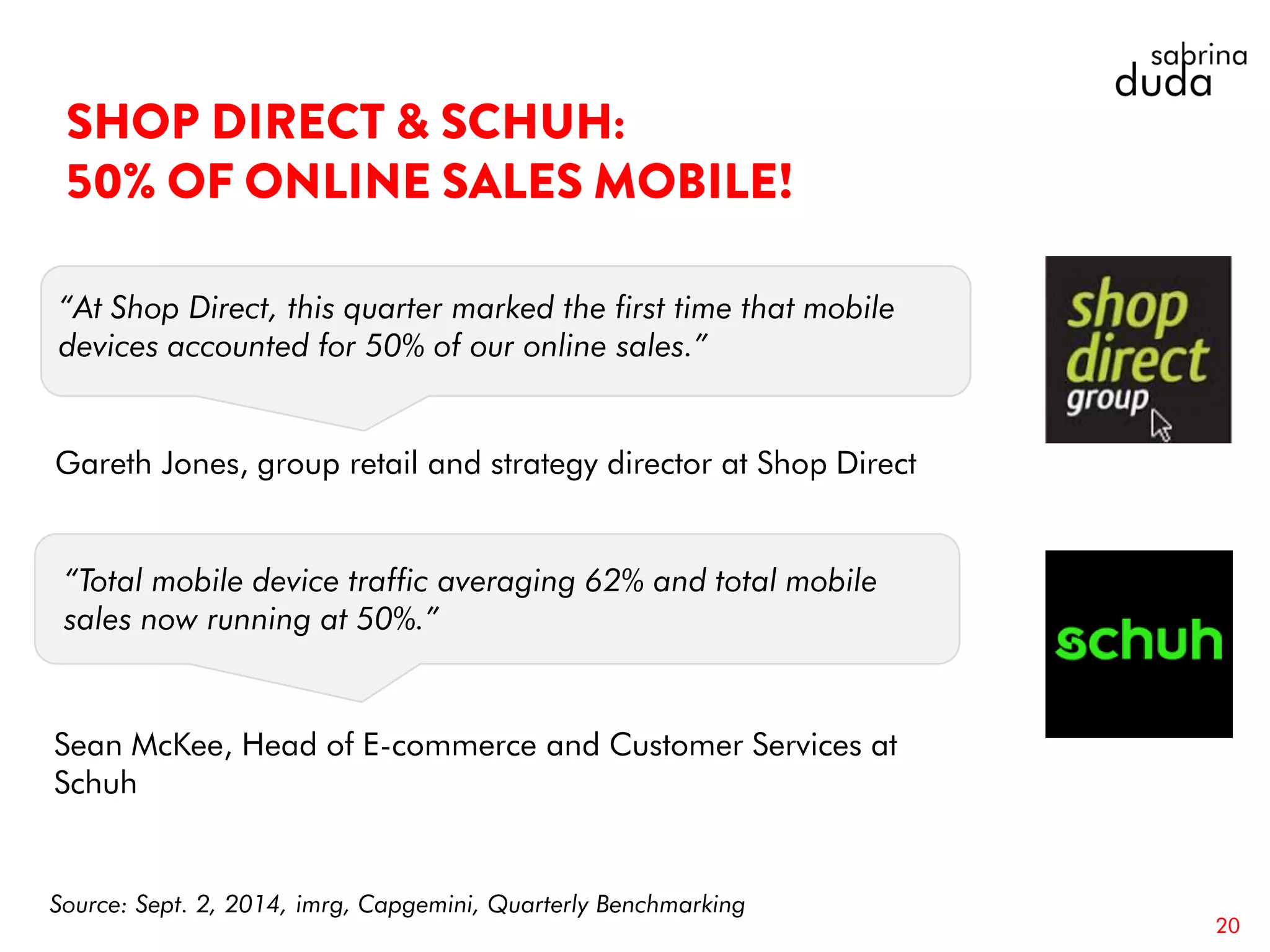 “At Shop Direct, this quarter marked the first time that mobile
devices accounted for 50% of our online sales.”
20
Gareth Jones, group retail and strategy director at Shop Direct
Sean McKee, Head of E-commerce and Customer Services at
Schuh
“Total mobile device traffic averaging 62% and total mobile
sales now running at 50%.”
Source: Sept. 2, 2014, imrg, Capgemini, Quarterly Benchmarking
 