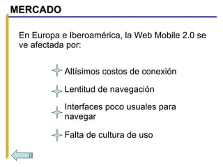 MERCADO En Europa e Iberoamérica, la Web Mobile 2.0 se ve afectada por: Altísimos costos de conexión Lentitud de navegación Interfaces poco usuales para navegar Falta de cultura de uso 
