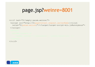 page.jsp?weinre=8001
<c:if test="${!empty param.weinre}">
 <script src="http://${pageContext.request.serverName}:<c:out
   value="${param.weinre}"/>/target/target-script-min.js#anonymous">
 </script>




</c:if>
 