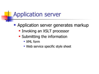Application server <ul><li>Application server generates markup </li></ul><ul><ul><li>Invoking an XSLT processor </li></ul>...