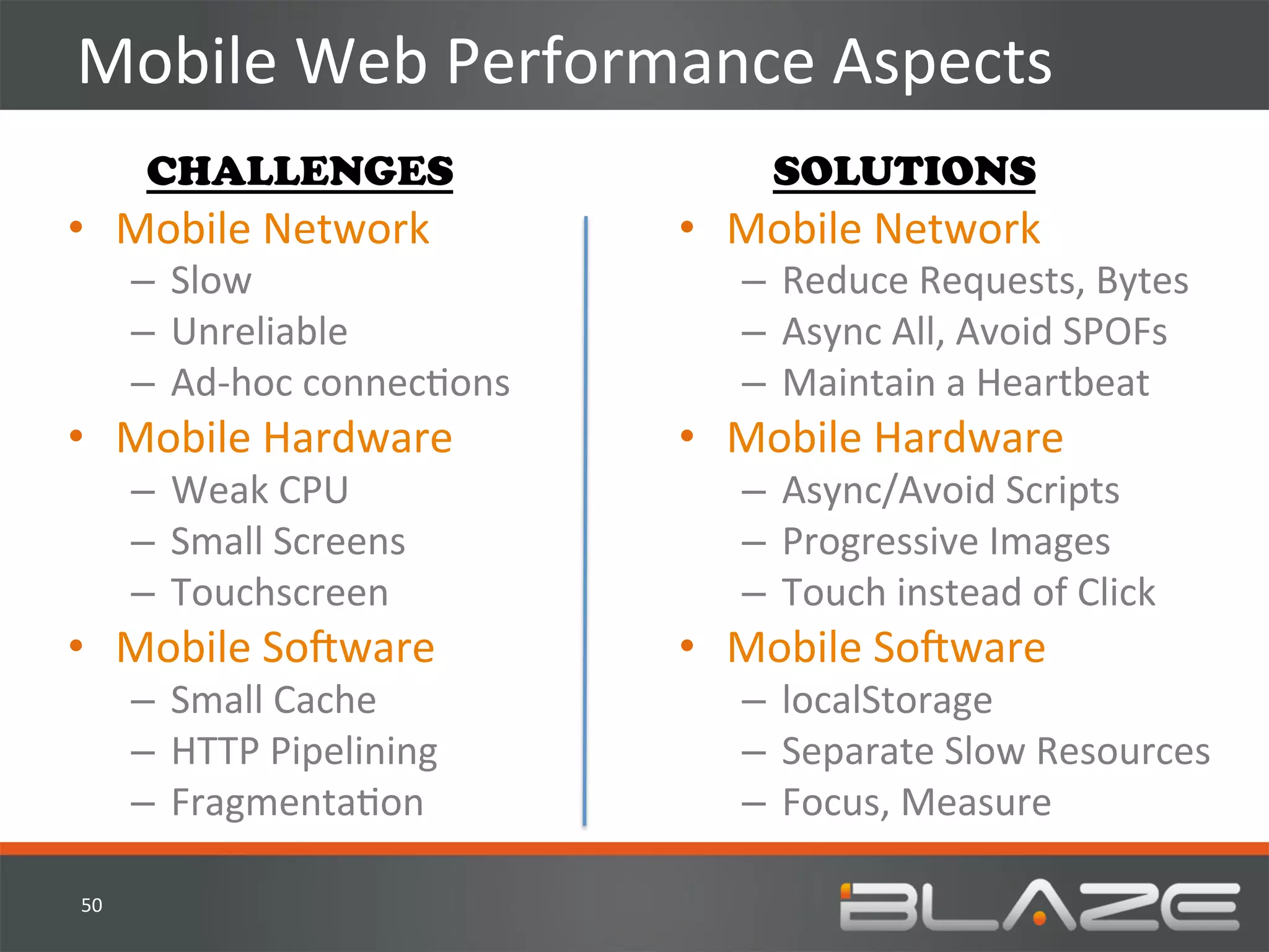 Mobile	
  Web	
  Performance	
  Aspects	
  
          CHALLENGES                           SOLUTIONS
•  Mobile	
  Network	
                   •  Mobile	
  Network	
  
         –  Slow	
                           –  Reduce	
  Requests,	
  Bytes	
  
         –  Unreliable	
                     –  Async	
  All,	
  Avoid	
  SPOFs	
  
         –  Ad-­‐hoc	
  connecHons	
         –  Maintain	
  a	
  Heartbeat	
  
•  Mobile	
  Hardware	
                  •  Mobile	
  Hardware	
  
         –  Weak	
  CPU	
                    –  Async/Avoid	
  Scripts	
  
         –  Small	
  Screens	
               –  Progressive	
  Images	
  
         –  Touchscreen	
                    –  Touch	
  instead	
  of	
  Click	
  
•  Mobile	
  SoVware	
                   •  Mobile	
  SoVware	
  
         –  Small	
  Cache	
                 –  localStorage	
  
         –  HTTP	
  Pipelining	
             –  Separate	
  Slow	
  Resources	
  
         –  FragmentaHon	
                   –  Focus,	
  Measure	
  

50	
  
 