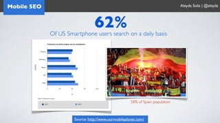 Mobile SEO                                                                     Aleyda Solis | @aleyda



                                 62%
             Of US Smartphone users search on a daily basis




                                                     58% of Spain population



                      Source: http://www.ourmobileplanet.com/
 