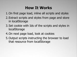How It Works
1. On first page load, inline all scripts and styles
2. Extract scripts and styles from page and store
   in localStorage
3. Set cookie with Ids of the scripts and styles in
   localStorage
4. On next page load, look at cookies
5. Output scripts instructing the browser to load
   that resource from localStorage
 