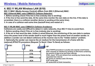 © Peter R. Egli 2015
16/31
Rev. 4.40
Wireless / Mobile Networks indigoo.com
4. 802.11 WLAN Wireless LAN (6/10)
802.11 frame types (2/3):
2. Control frame:
Control frames are optional and are used for assisting in the delivery of data frames
between stations.
Control frames are used in a handshake procedure in the CSMA/CA protocol (see below).
Control frame structure:
2 2 6 6
FC Len Rx address Tx address RTS (Request To Send) frame
2 2 6
FC Len Rx address CTS (Clear To Send) frame
2 2 6
FC Len Rx address Ack frame
Rx: Receiver
Tx: Transmitter
 