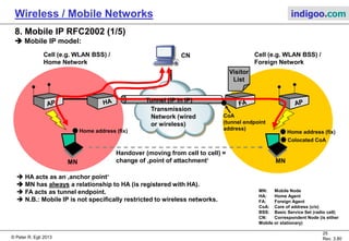 © Peter R. Egli 2015
25/31
Rev. 4.40
Wireless / Mobile Networks indigoo.com
6. Satellite Internet Access
 Satellite Internet access is relatively cheap to deploy in areas where wired Internet access
is difficult or impossible (remote areas).
 Satellite access is also possible for moving hosts, e.g. Panasonic exConnect for
Internet access & GSM phone service aboard long-haul flights.
 A satellite system is usually optimized for one-way transmission (TV, radio).
Downlink bandwidth is much cheaper than uplink bandwidth.
Phase array
antenna for satellite
uplink (mounted on
plane’s roof top)
KU-band satellite
(leased transponder) (Orbits: GEO - 39000km, LEO - 2000km)
5Mbps downstream
1.5Mbps upstream
Ground station
with NOC (Network
Operating Center)
and Internet
connection 802.11b APs with wired
distribution system (Ethernet)
Satellite
modem
Access
router
To antenna
NOC: Network Operating Center
GEO: Geostationary Orbit
LEO: Low Earth Orbit
AP: Access Point
Onboard
installation
 