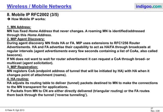 © Peter R. Egli 2015
27/31
Rev. 4.40
Wireless / Mobile Networks indigoo.com
8. Mobile IP RFC2002 (1/5)
 Mobile IP model:
MN: Mobile Node
HA: Home Agent
FA: Foreign Agent
CoA: Care of address (c/o)
BSS: Basic Service Set (radio cell)
CN: Correspondent Node (is either
Mobile or stationary)
 HA acts as an ‚anchor point‘
 MN has always a relationship to HA (is registered with HA).
 FA acts as tunnel endpoint.
 N.B.: Mobile IP is not specifically restricted to wireless networks.
Handover (moving from cell to cell) =
change of ‚point of attachment‘
Cell (e.g. WLAN BSS) /
Home Network
Cell (e.g. WLAN BSS) /
Foreign Network
MN
Visitor
List
Transmission
Network (wired
or wireless)
MN
Home address (fix)
Colocated CoA
CoA
(tunnel endpoint
address)Home address (fix)
Tunnel (IP in IP)
CN
 
