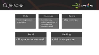 Сценарии
Media
• Сегментирование
аудитории
Commerce
• Голосование,
сегментирование и
уведомления
пользователей
Gaming
• Сбор телеметрии
Retail
• Популярность кампаний
Banking
• Welcome-стратегии
 