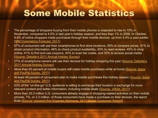 Some Mobile Statistics
•   The percentage of shoppers buying from their mobile phones is expected to rise to 15% in
    November, compared to 4.5% in last year’s holiday season, and less than 1% in 2009. In October,
    9.6% of online shoppers made purchases through their mobile devices, up from 3.4% a year earlier.
    (IBM Coremetrics Forecast, 2011)
•   67% of consumers will use their smartphones to find store locations, 59% to compare prices, 51% to
    obtain product information, 46% to check product availability, 45% to read reviews, 45% to shop
    online, 41% to find and use coupons, 40% to scan bar codes, and 35% to access social media
    (Source: Deloitte’s 2011 Annual Holiday Survey)
•   27% of smartphone owners will use their devices for holiday shopping this year (Source: Deloitte’s
    2011 Annual Holiday Survey)
•   More than 60 percent of mobile buyers will make mobile purchases while at home (Source: Ipsos
    and PayPal Survey, 2011)
•   At least 46 percent of consumers plan to make mobile purchases this holiday season (Source: Ipsos
    and PayPal Survey, 2011)
•   53% of the “on-the-go” U.S. audience is willing to exchange their location in exchange for more
    relevant content and better information, including mobile deals (Source: JiWire, 2011)
•   More than 33.3 million U.S. consumers already engage in shopping-related activities on their mobile
    phones, 7%, or 2.3 million, of those consumers have made a purchase on their devices, the report
    finds (Source: research firm Experian Simmons, 2011 Mobile Consumer Report)
 