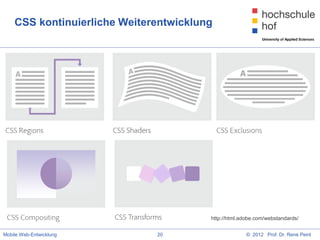 CSS kontinuierliche Weiterentwicklung




                                        http://html.adobe.com/webstandards/


Mobile Web-Entwicklung        20                      © 2012 Prof. Dr. René Peinl
 