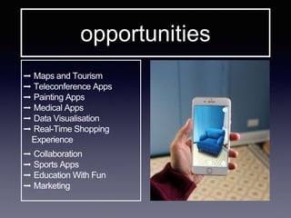 ➡ Maps and Tourism
➡ Teleconference Apps
➡ Painting Apps
➡ Medical Apps
➡ Data Visualisation
➡ Real-Time Shopping
Experience
➡ Collaboration
➡ Sports Apps
➡ Education With Fun
➡ Marketing
opportunities
 