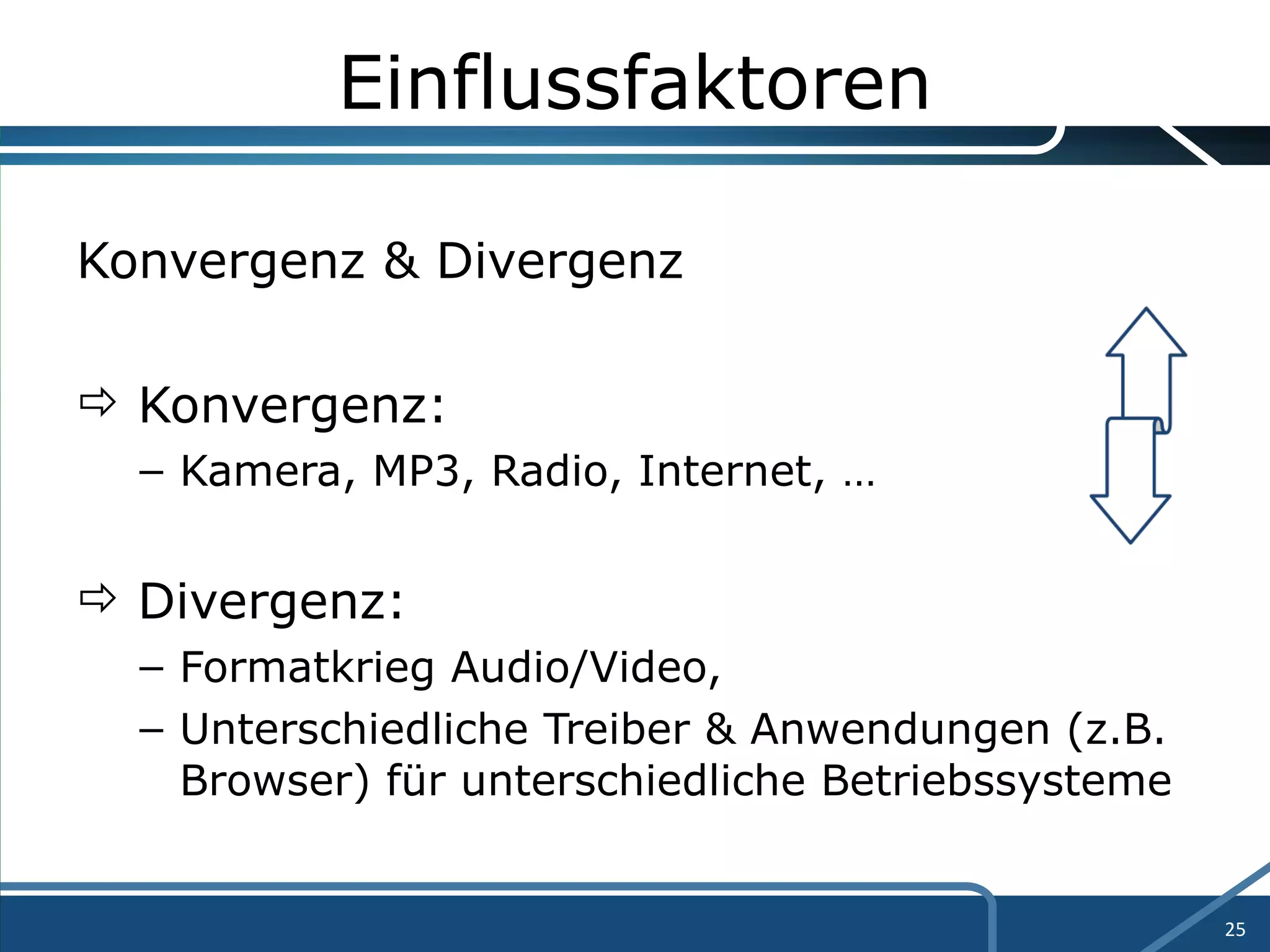 Einflussfaktoren Konvergenz & Divergenz Konvergenz:  Kamera, MP3, Radio, Internet, … Divergenz:  Formatkrieg Audio/Video,  Unterschiedliche Treiber & Anwendungen (z.B. Browser) für unterschiedliche Betriebssysteme 