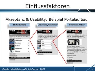 Einflussfaktoren Akzeptanz & Usability: Beispiel Portalaufbau Quelle: MindMatics AG: Ad-Server, 2007 