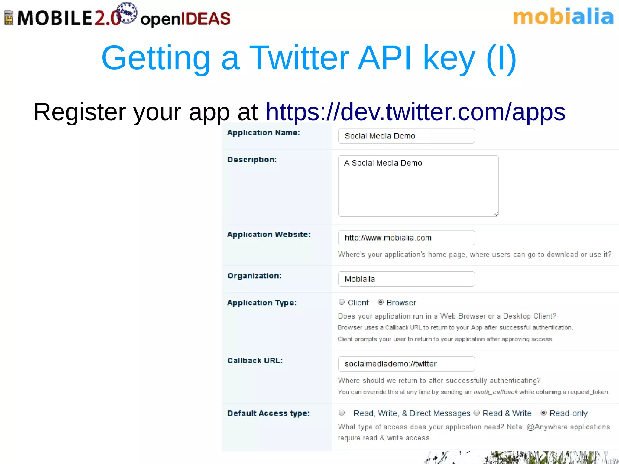 Getting a Twitter API key (I)
Register your app at https://dev.twitter.com/apps
 