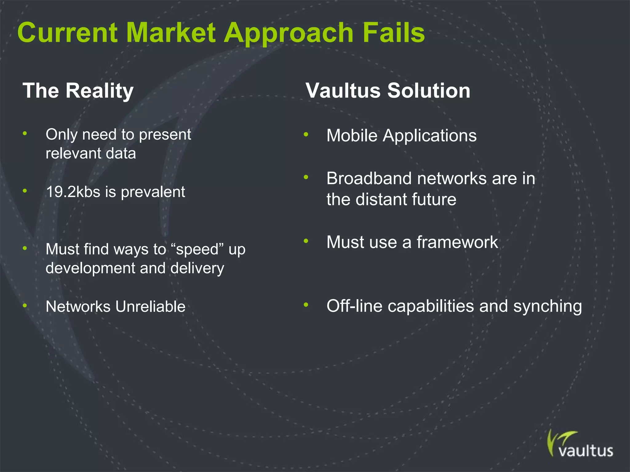 Current Market Approach Fails
• Only need to present
relevant data
• 19.2kbs is prevalent
• Must find ways to “speed” up
development and delivery
• Networks Unreliable
• Mobile Applications
• Broadband networks are in
the distant future
• Must use a framework
• Off-line capabilities and synching
The Reality Vaultus Solution
 