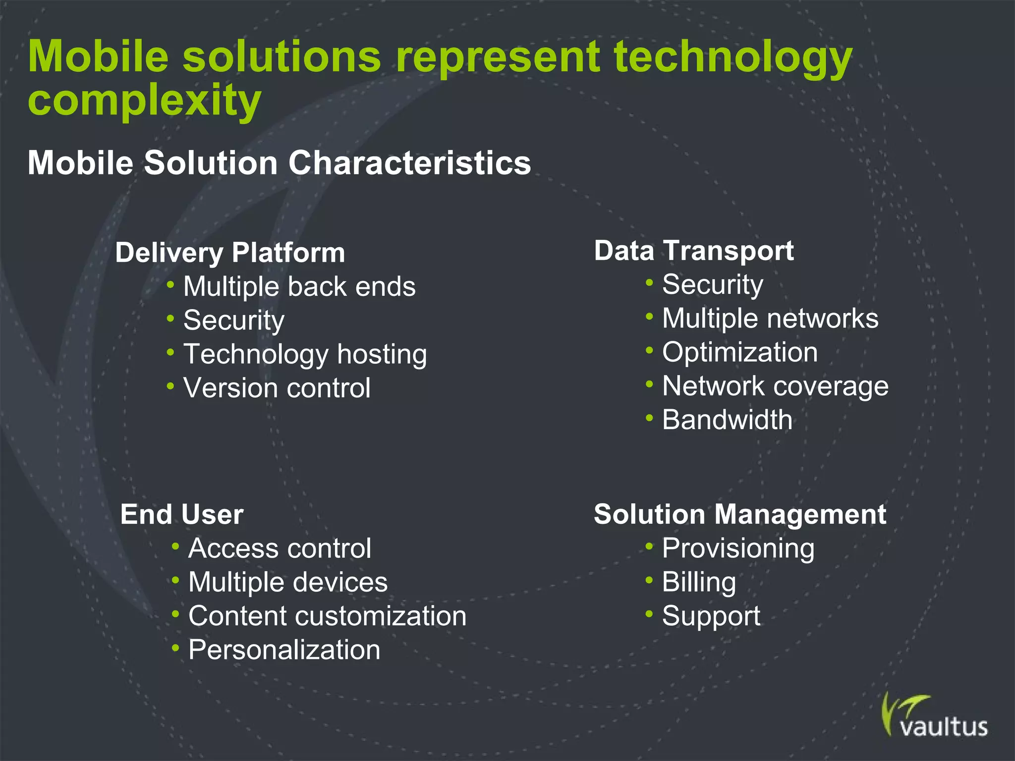 Mobile solutions represent technology
complexity
Delivery Platform
• Multiple back ends
• Security
• Technology hosting
• Version control
Data Transport
• Security
• Multiple networks
• Optimization
• Network coverage
• Bandwidth
End User
• Access control
• Multiple devices
• Content customization
• Personalization
Solution Management
• Provisioning
• Billing
• Support
Mobile Solution Characteristics
 