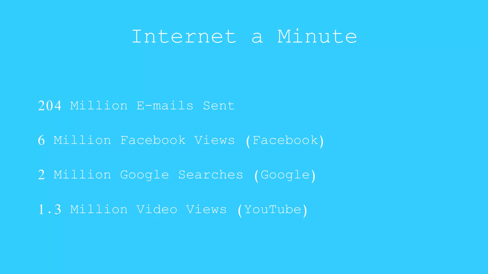 Internet a Minute 
204 Million E-mails Sent 
6 Million Facebook Views (Facebook) 
2 Million Google Searches (Google) 
1.3 Million Video Views (YouTube) 
 