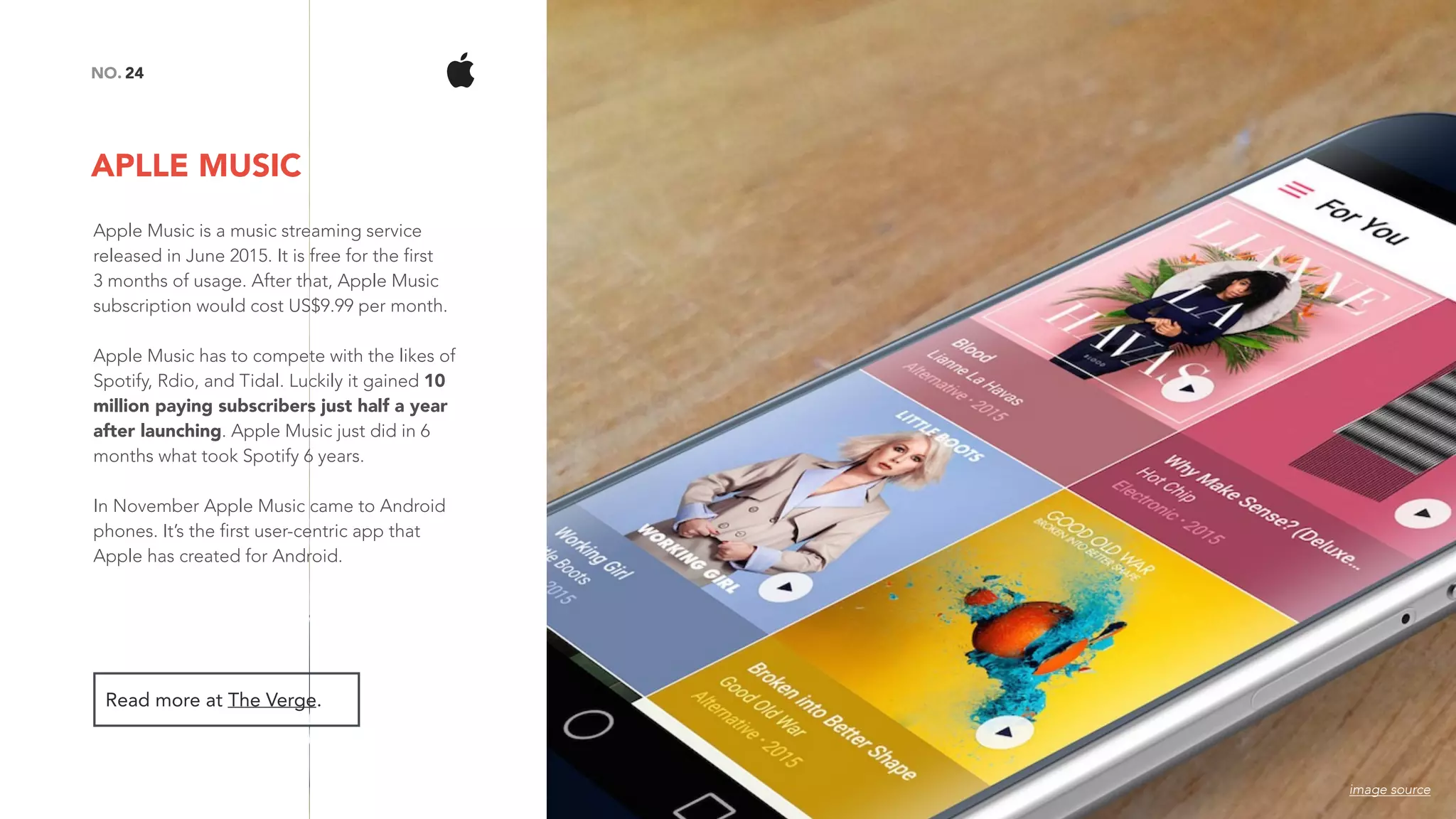 APLLE MUSIC
25NO.
Read more at The Verge.
image source
Apple Music is a music streaming service
released in June 2015. It is free for the first  
3 months of usage. After that, Apple Music
subscription would cost US$9.99 per month.
Apple Music has to compete with the likes of
Spotify, Rdio, and Tidal. Luckily it gained 10
million paying subscribers just half a year
after launching. Apple Music just did in 6
months what took Spotify 6 years.
In November Apple Music came to Android
phones. It’s the first user-centric app that
Apple has created for Android.
 