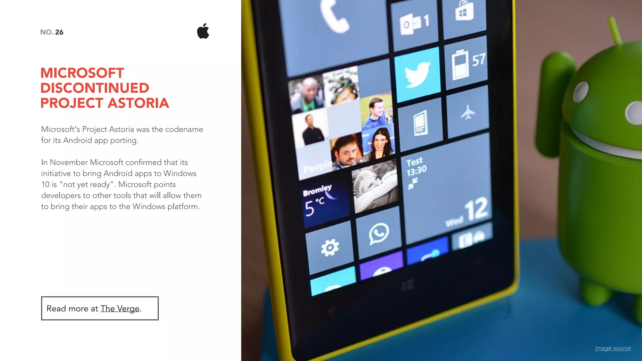MICROSOFT
DISCONTINUED
PROJECT ASTORIA
26NO.
Microsoft's Project Astoria was the codename
for its Android app porting.
In November Microsoft confirmed that its
initiative to bring Android apps to Windows
10 is "not yet ready”. Microsoft points
developers to other tools that will allow them
to bring their apps to the Windows platform.
Read more at The Verge.
image source
 